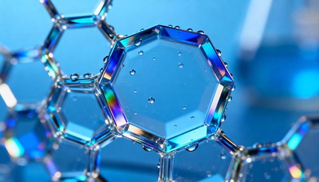 Iridescent hexagonal crystal structure with water droplets in blue light
