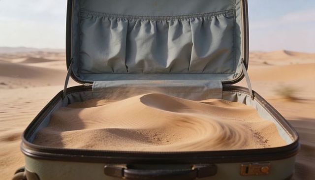 Open suitcase containing rippling desert sand, evoking surreal travel and lost luggage