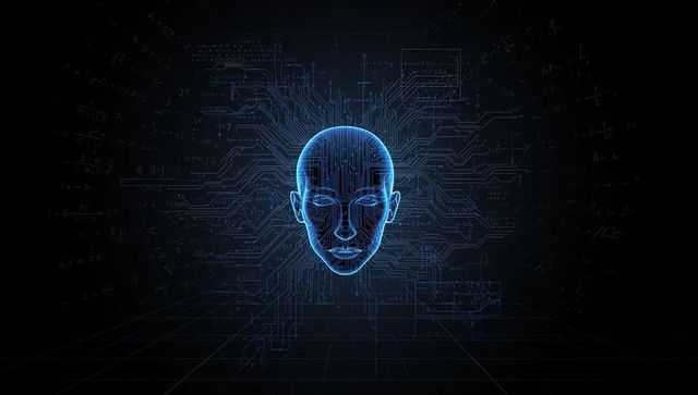 Digital AI Wireframe Face with Futuristic Circuitry