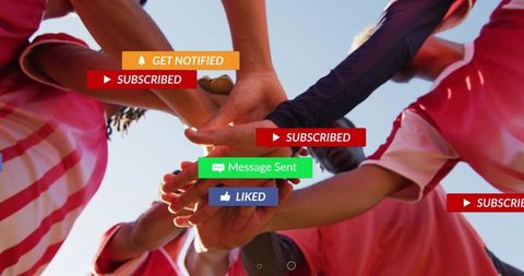 Sports team forming huddle, stacking hands with social media subscribed and liked overlays
