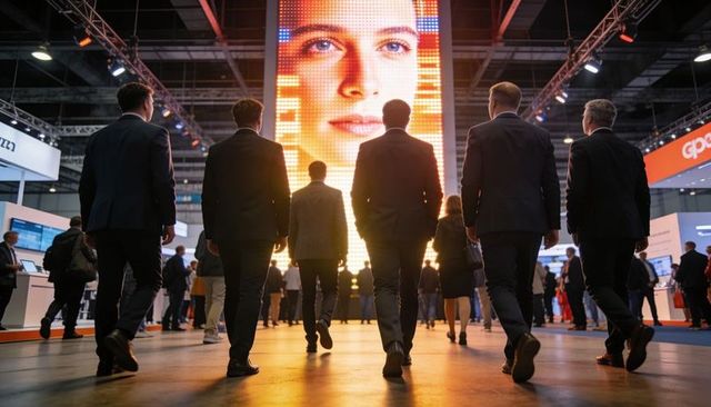 Business leaders walking toward giant led portrait at technology expo, striking lighting