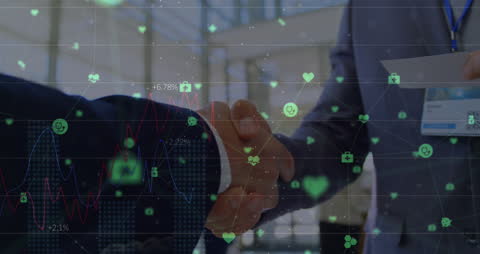 Business professionals shaking hands, symbolizing agreement and collaboration, amidst digital icons representing networking and technology. Useful for illustrating themes of modern business communication, digital transformation, corporate deals, teamwork, and successful partnerships in the business sector.