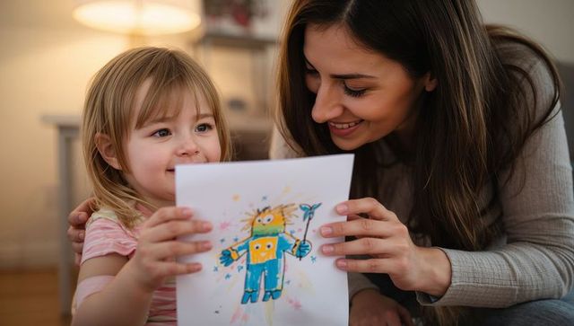 Mother and daughter showing colorful drawing at home sharing warmth and creative joy