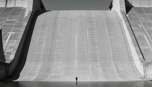 Solitary figure surveying monumental curved concrete dam spillway, dramatic scale and minimalism