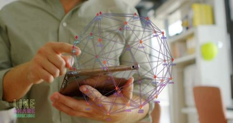 Mid-adult man holding tablet tapping screen with holographic network interface overlay