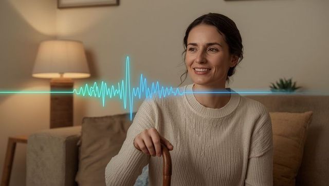 Smiling woman with cane in cosy living room with sound wave light
