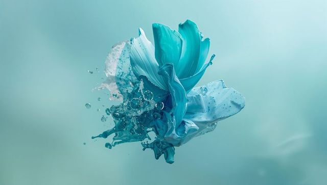 Turquoise paint collision with splash effect in fluid motion on teal