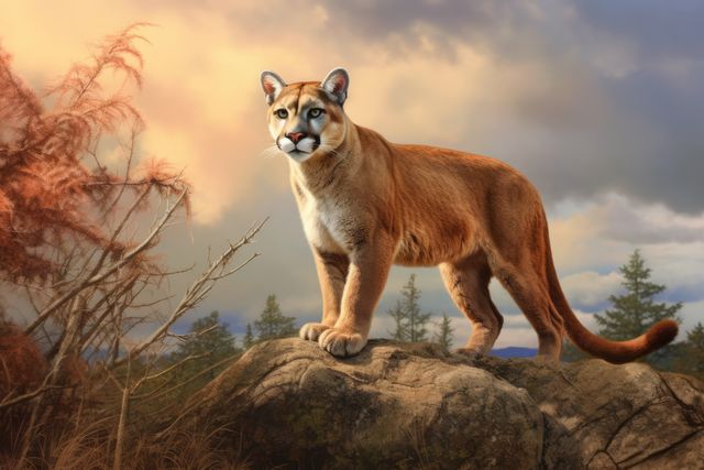 A majestic mountain lion stands atop a rocky outcrop outdoor. Its piercing gaze surveys the landscape, embodying the wild essence of its natural habitat.