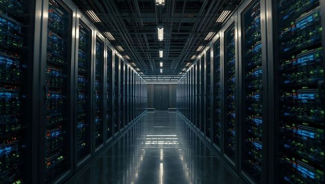 Symmetrical Data Center Corridor Showing Server Racks and Reflective Floor with LED Lights