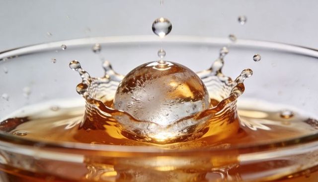 Round ice droplet creating crown splash in amber liquid, macro high-speed studio closeup
