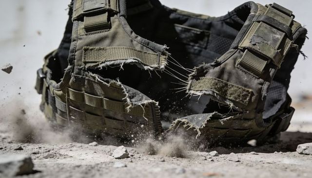 Battle-damaged tactical plate carrier showing torn molle webbing on dusty ground