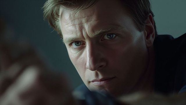 Intense closeup of man concentrating in moody teal portrait, focused gaze and studio bokeh