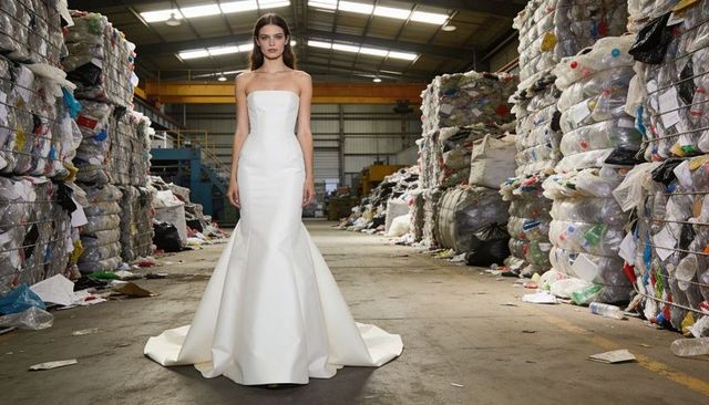 Strapless wedding gown standing amid plastic bales in recycling warehouse