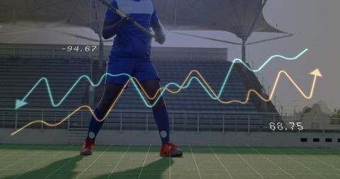 Field athlete holding stick on turf with sports analytics overlays and performance graphs