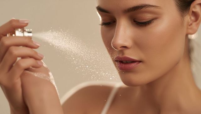 Woman spraying facial mist closeup showing dewy glow and skincare routine