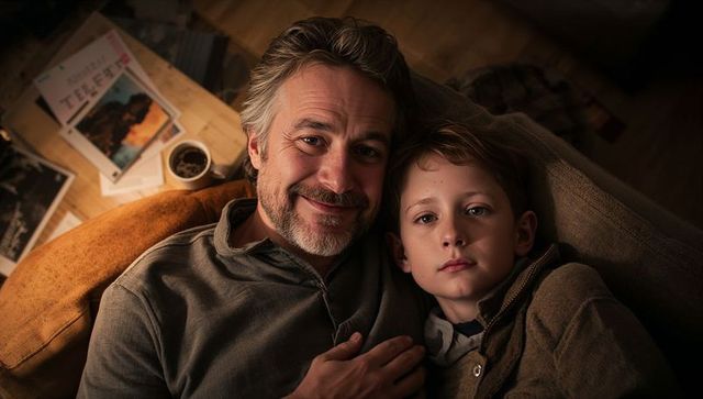 Father and son cuddling on sofa under warm light, cozy home bonding and fatherhood