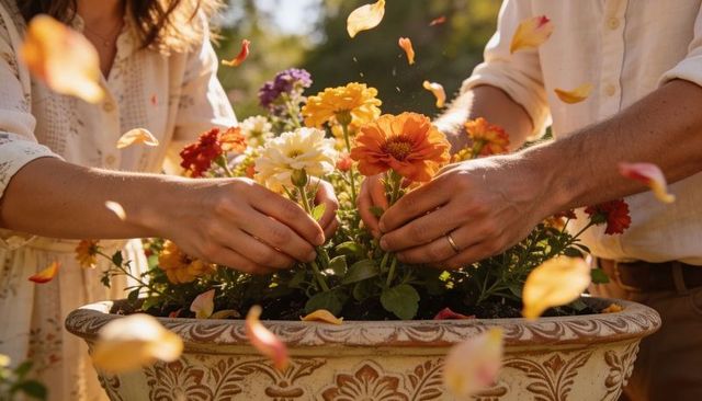 Couple tending ornate planter arranging colorful blooms at golden hour