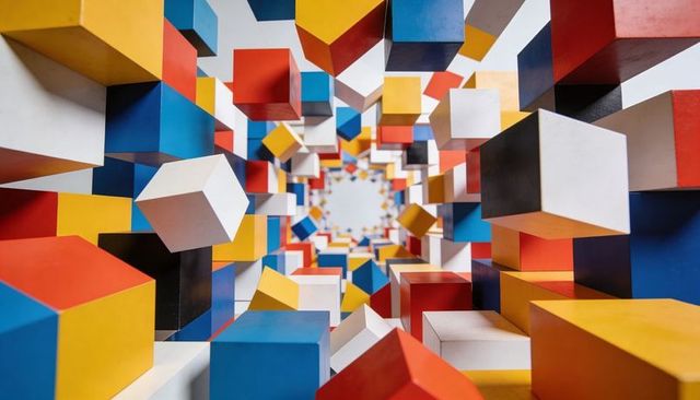 Vibrant geometric tunnel of multicolored cubes creating optical perspective and depth