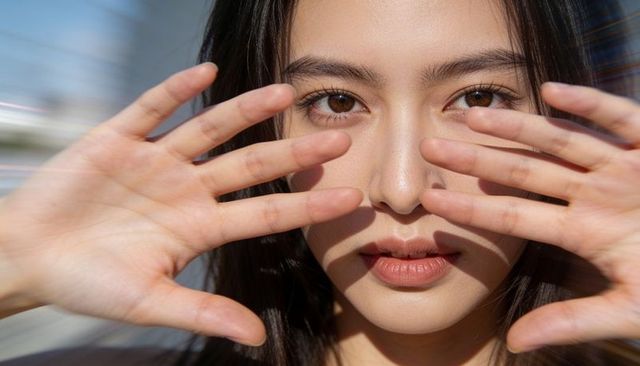 Sunlit close-up of asian woman holding hands, casting finger shadows across face and eyes