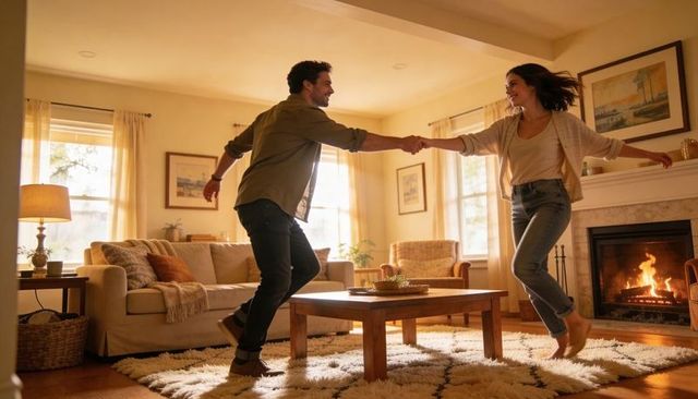 Young couple dancing, holding hands and spinning in cozy sunlit living room by fireplace