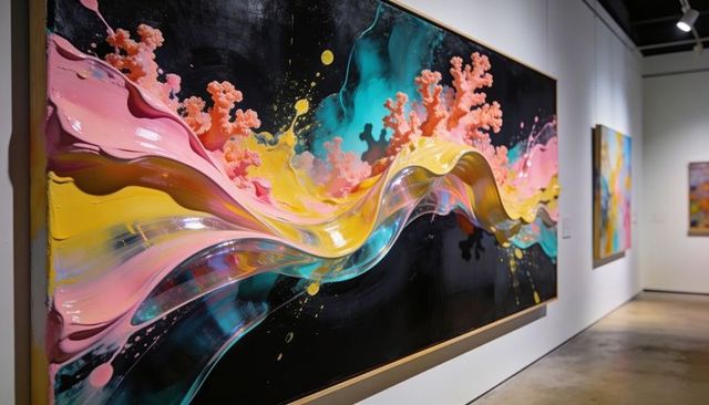 Vibrant fluid impasto painting with glossy wave and coral texture in contemporary gallery