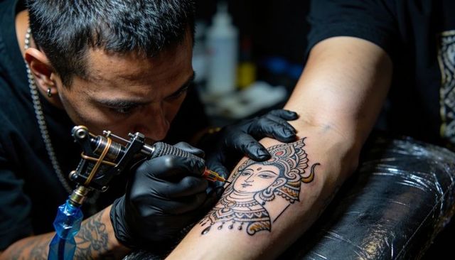 Tattoo artist inking ornate deity design on inner forearm with coil machine and gloves