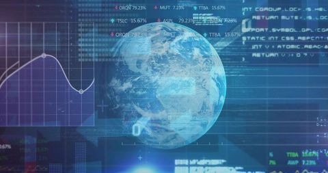 Holographic Earth Globe Hovering Over Futuristic Data Dashboard and Network HUD Display