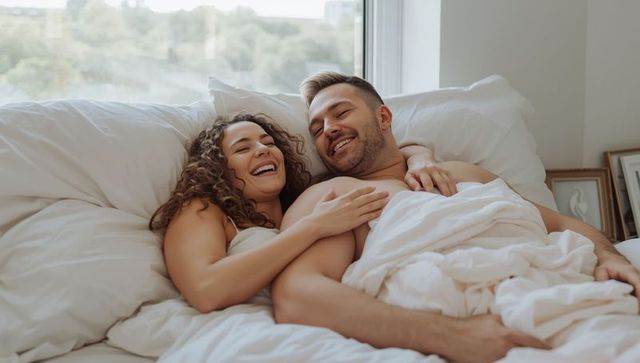 Joyful Couple Relaxing Soft Morning Light Expression Love