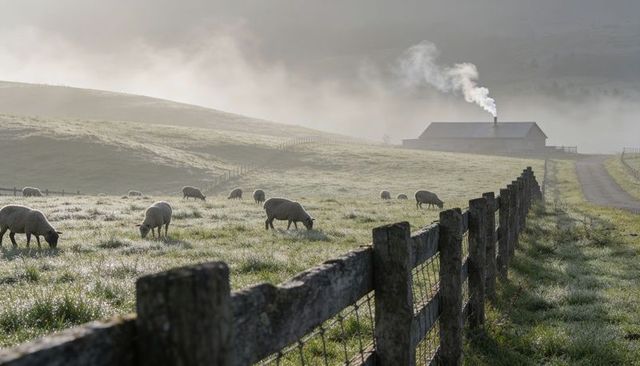 Misty dawn farm grazing sheep on dewy meadow with wooden fence and chimney smoke