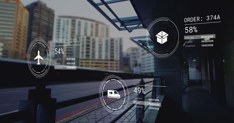 Futuristic Delivery Icons in Urban Cityscape