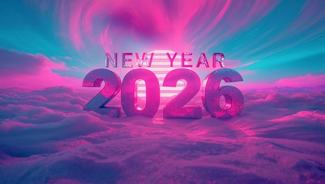 Glowing Neon New Year 2026 Numerals Floating Over Surreal Cloudscape with Aurora
