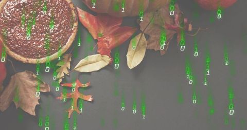 Blending rustic autumn tart with green binary code overlay for tech and seasonal concept