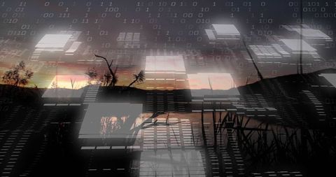 Sunset lakeshore silhouette blending with binary code overlay and glitch grid horizon