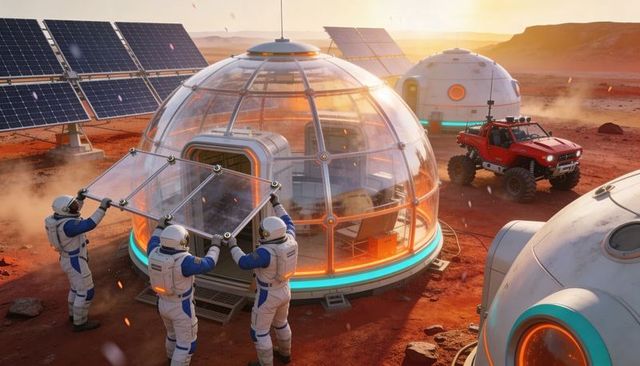Astronauts installing transparent dome panel at Martian habitat during sunset