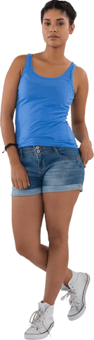 Confident Young Woman in Casual Blue Outfit with Transparent Background