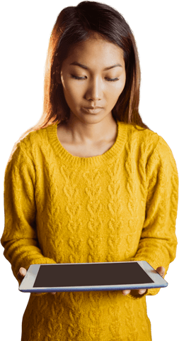 Focused Asian Woman Holding Tablet on Transparent Background