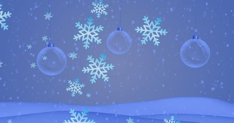 Winter Landscape with Hanging Baubles and Falling Snowflakes