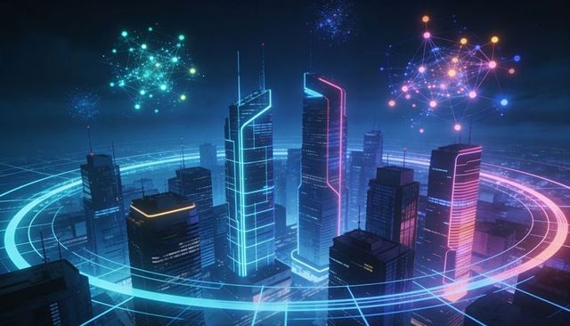 Neon cybercity skyline with three glowing towers, holographic rings and network nodes