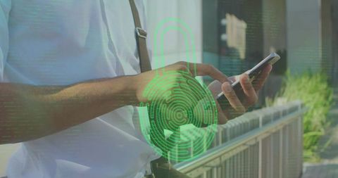 Biometric security technology on smartphone, urban setting