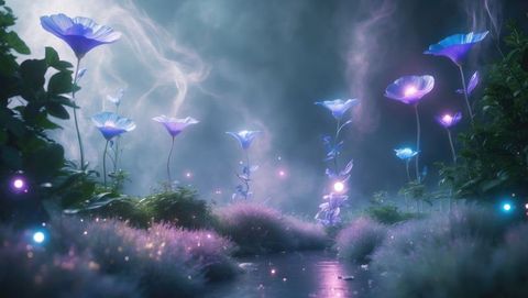 Mystical pathway with glowing flowers and light orbs, garden of eden concept