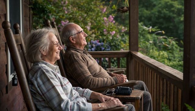 Senior couple relaxing on porch rocking chairs enjoying garden view and companionship