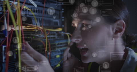 Technician Communicating in Server Room with Digital Graphics Overlay