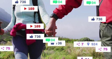 Hiking couple holding hands with social media elements overlay