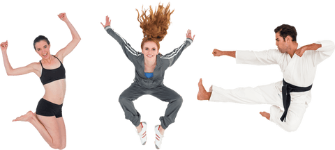 Energetic Athletes in Mid-Air Poses on Transparent Background