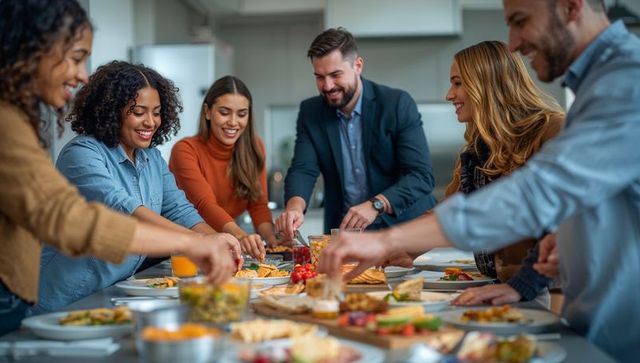 Diverse business team sharing charcuterie platter and casual lunch while collaborating