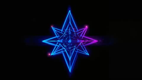 Looping neon octagonal star pulsing and glowing with compass lines and digital nodes, futuristic loo