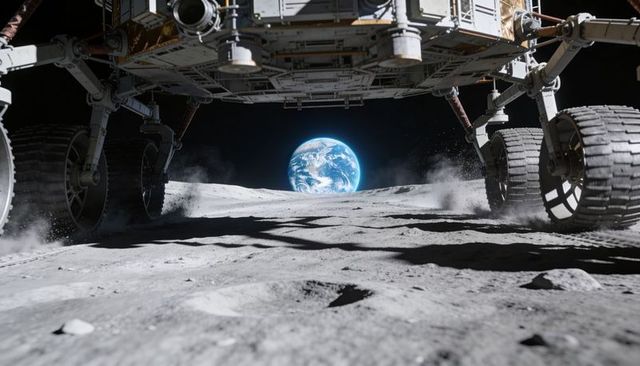 Framing lunar rover chassis and ribbed wheels kicking up dust with Earthrise over horizon