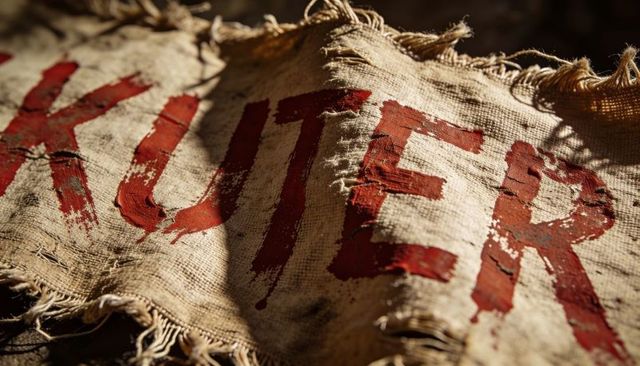 Closeup frayed burlap sack displaying cracked red lettering and rustic fabric texture