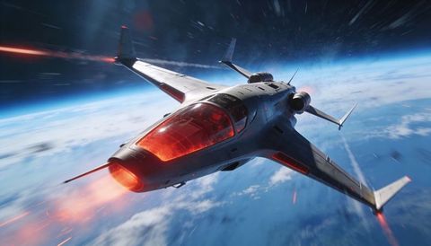 Futuristic interceptor soaring above planet horizon with red canopy and afterburner glow