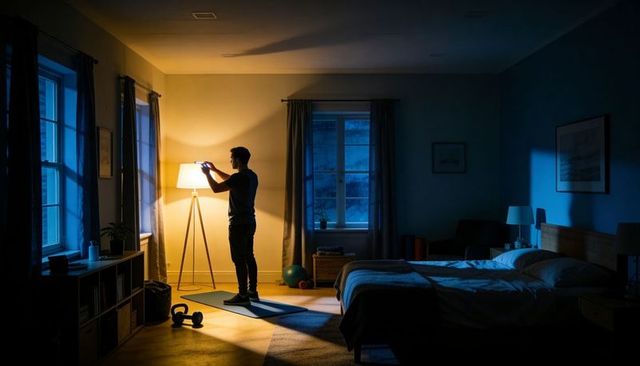 Man Adjusting Tripod Floor Lamp in Dim Bedroom at Night on Yoga Mat with Kettlebell